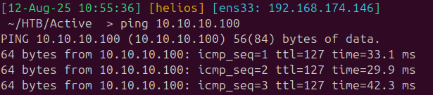Nmap confirms a Windows domain controller for active.htb