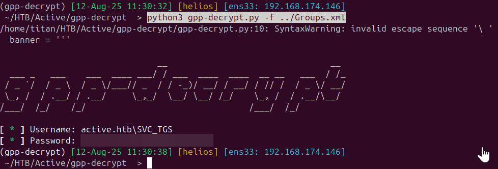 gpp-decrypt recovers the SVC_TGS credentials