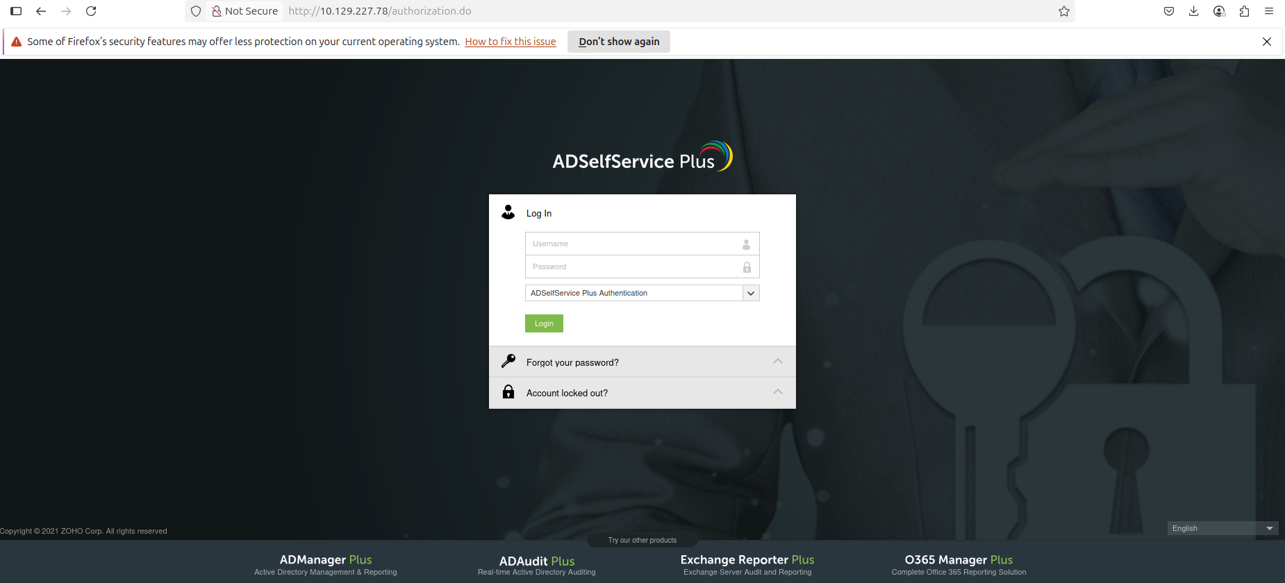ADSelfService Plus login portal on port 80