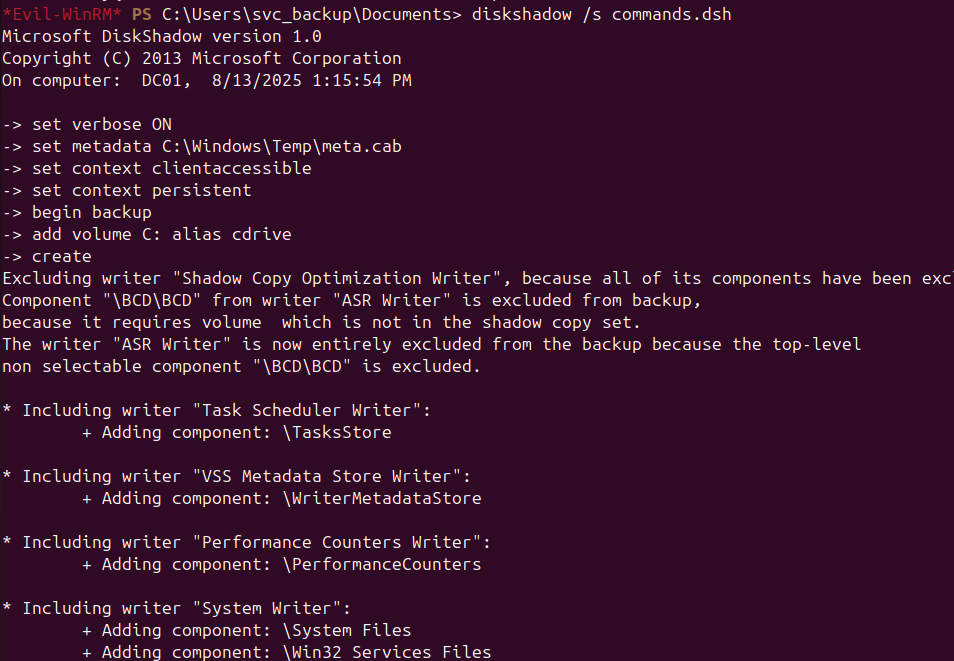 Diskshadow script uploaded and running to create the VSS snapshot