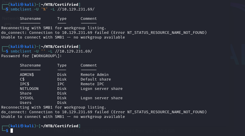 Null session SMB attempt — null credentials rejected, but anonymous access works