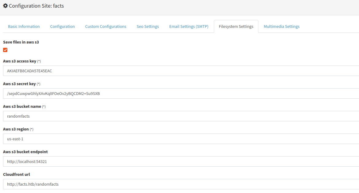 AWS/MinIO credentials discovered in the admin panel