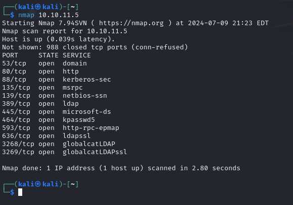 Nmap identifies a Windows DC at freelancer.htb