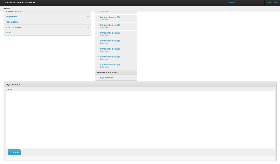 Admin panel with a live SQL terminal