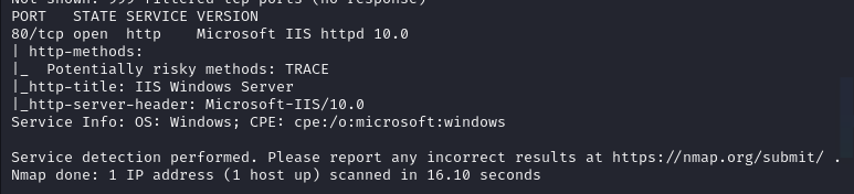 Nmap results showing the web server