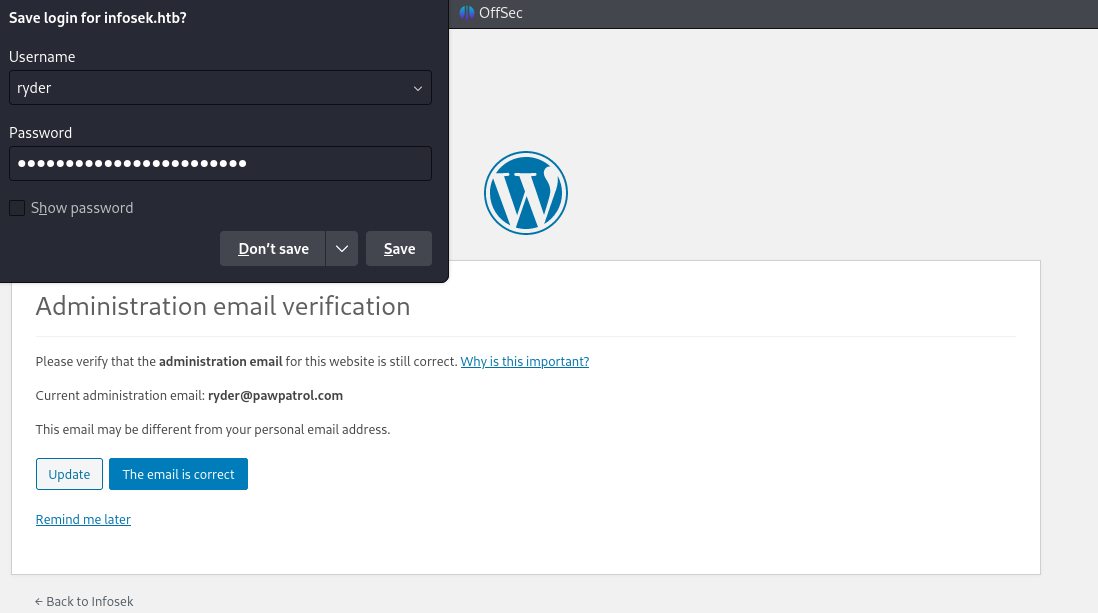 Successful WordPress admin login as ryder