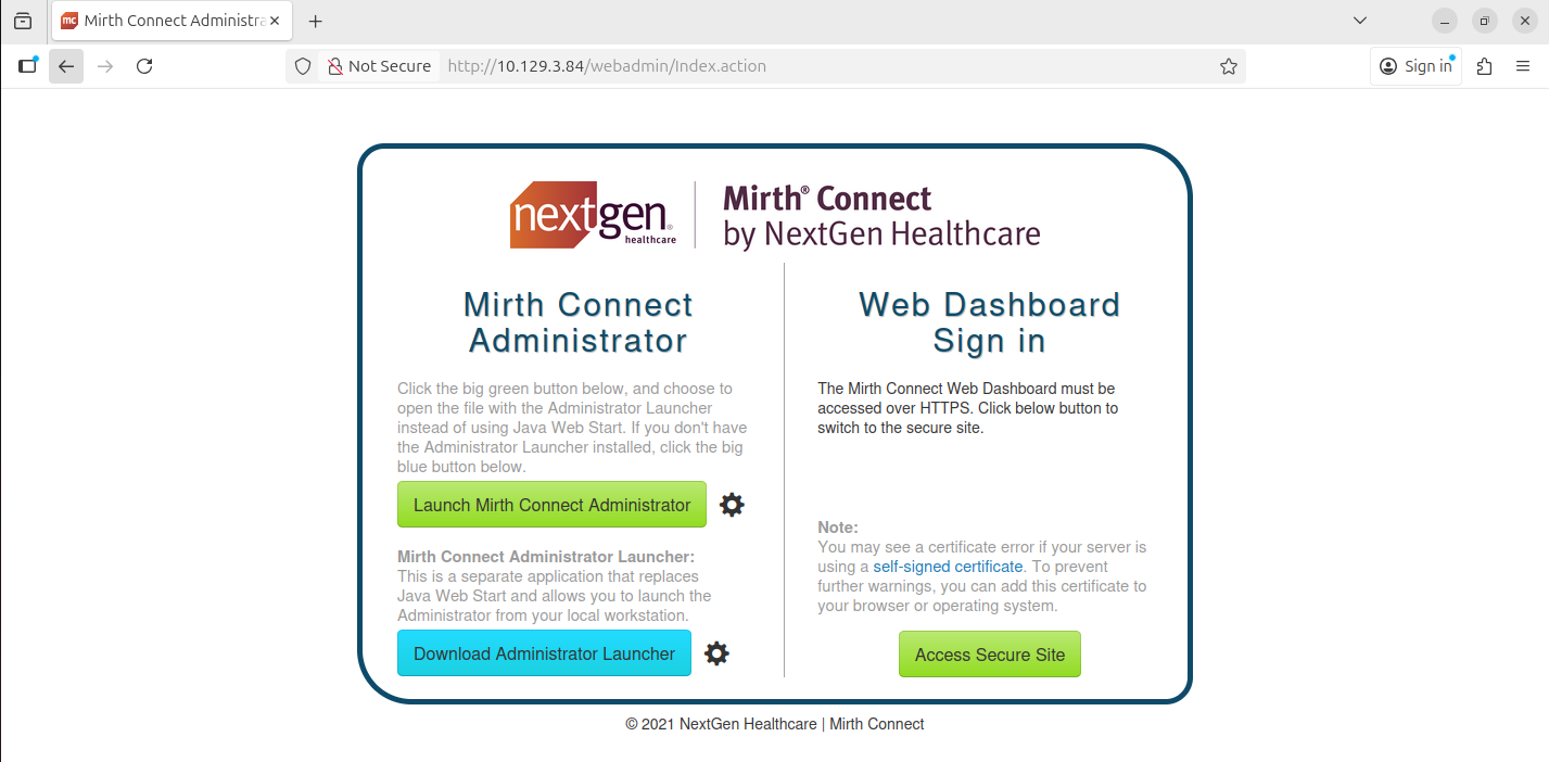 Mirth Connect login page on port 80
