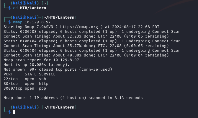 Nmap shows SSH, port 80 (Skipper proxy), and port 3000