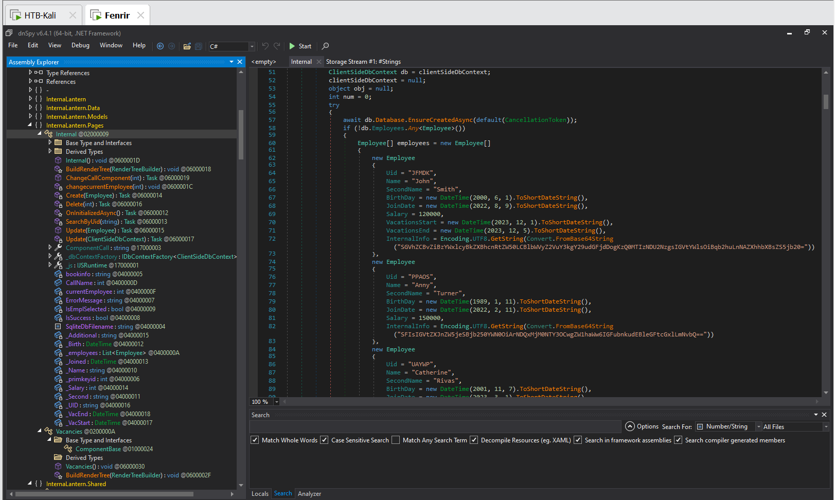 Base64 credential fields extracted from InternalLantern.dll
