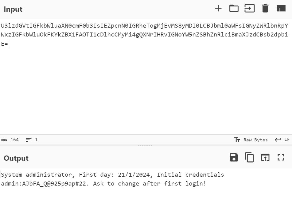 CyberChef decoding the base64 fields to plaintext credentials