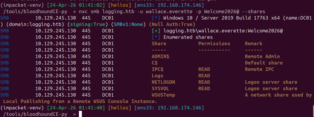 SMB share enumeration showing Logs share with read access