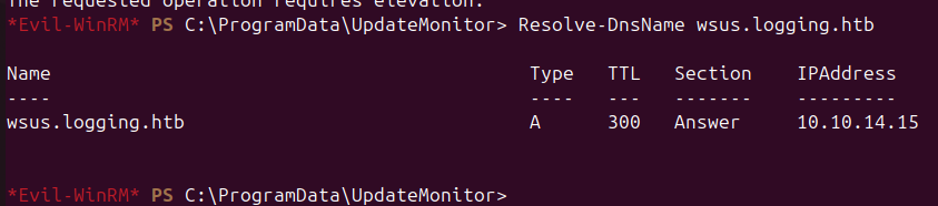 DNS record for wsus.logging.htb added successfully
