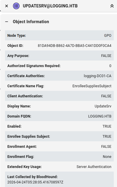 Certipy certificate enrollment for wsus.logging.htb