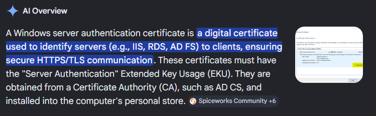 Certificate details showing Server Authentication EKU