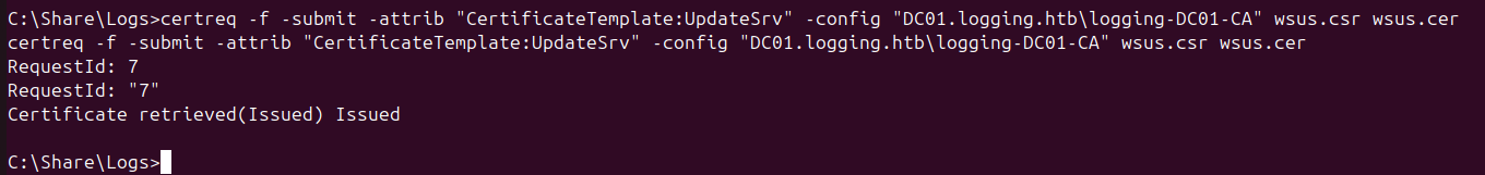 Certificate issued for wsus.logging.htb from the UpdateSrv template