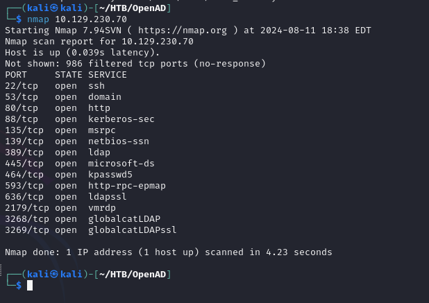 Nmap scan output showing domain controller ports and ActiveMQ