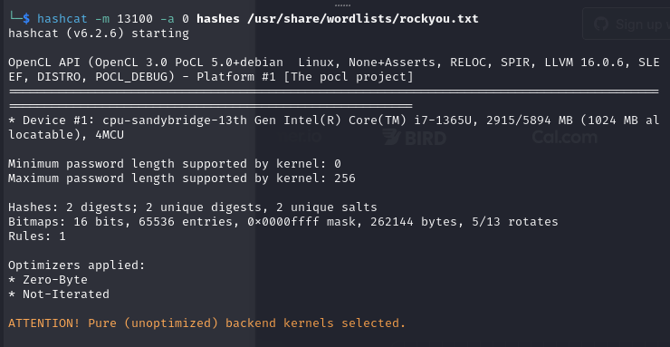 Hashcat cracking the Kerberos ticket