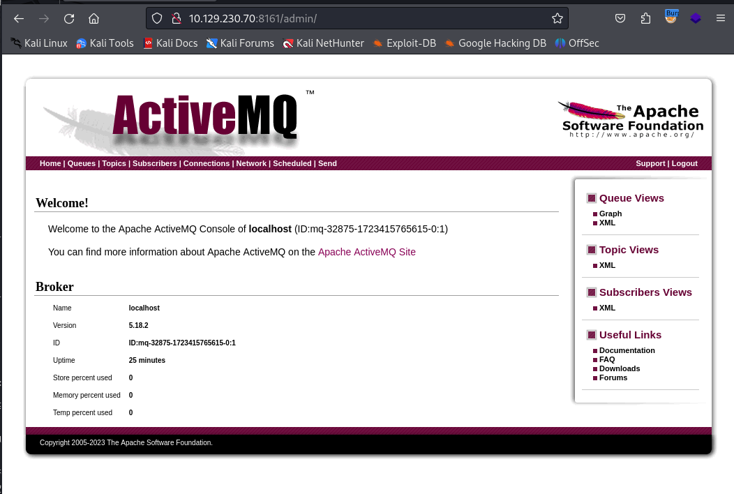 ActiveMQ admin console showing version 5.18.2