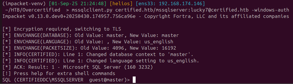 mssqlclient connected to the MSSQLSERVER instance