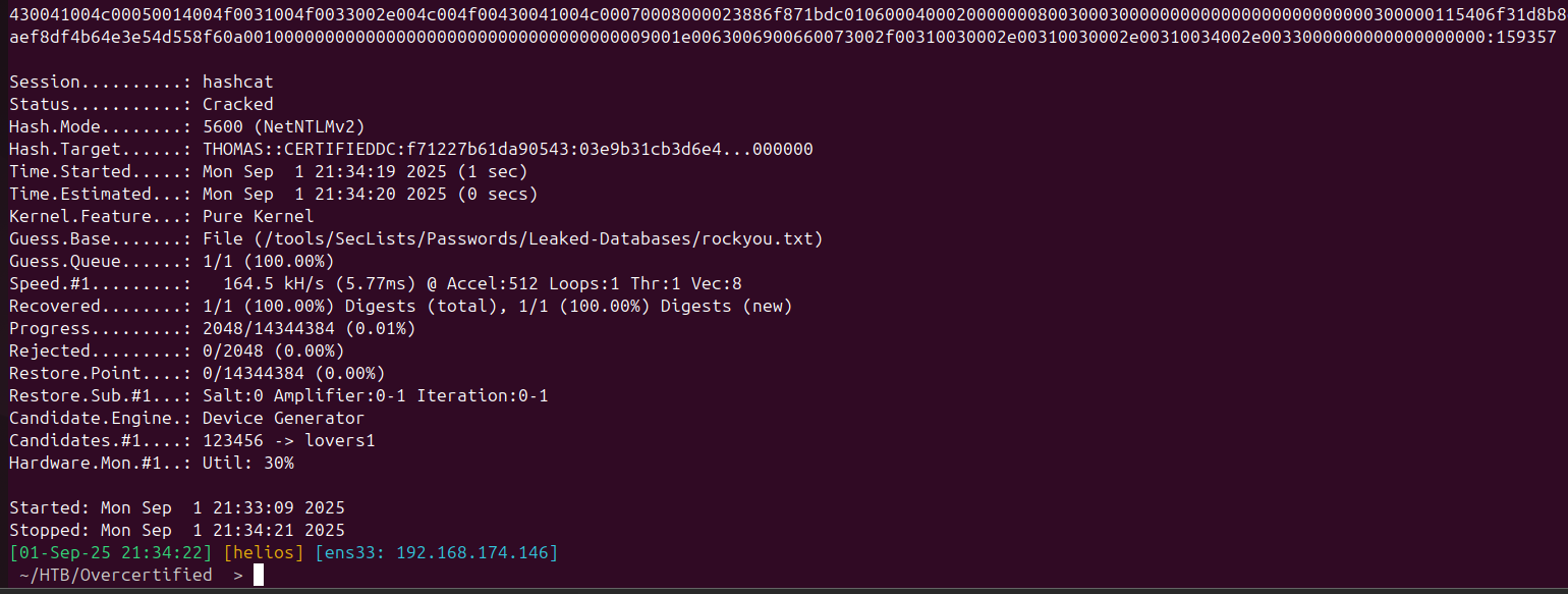Hashcat cracking thomas’s NTLMv2 hash