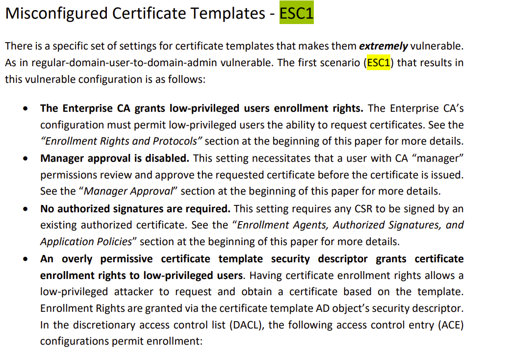 ESC1 vulnerability description from the Certified Pre-Owned whitepaper