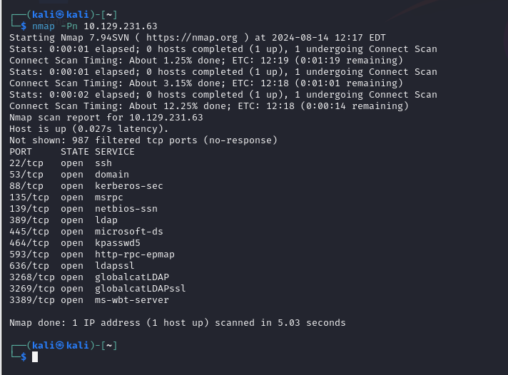 Nmap scan confirming a Windows domain controller