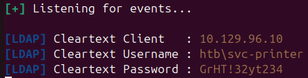 Responder captures the NTLMv2 hash for svc-printer