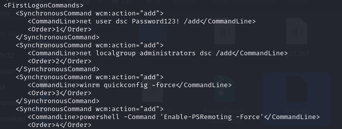 WinPEAS highlights an unattend.xml containing credentials
