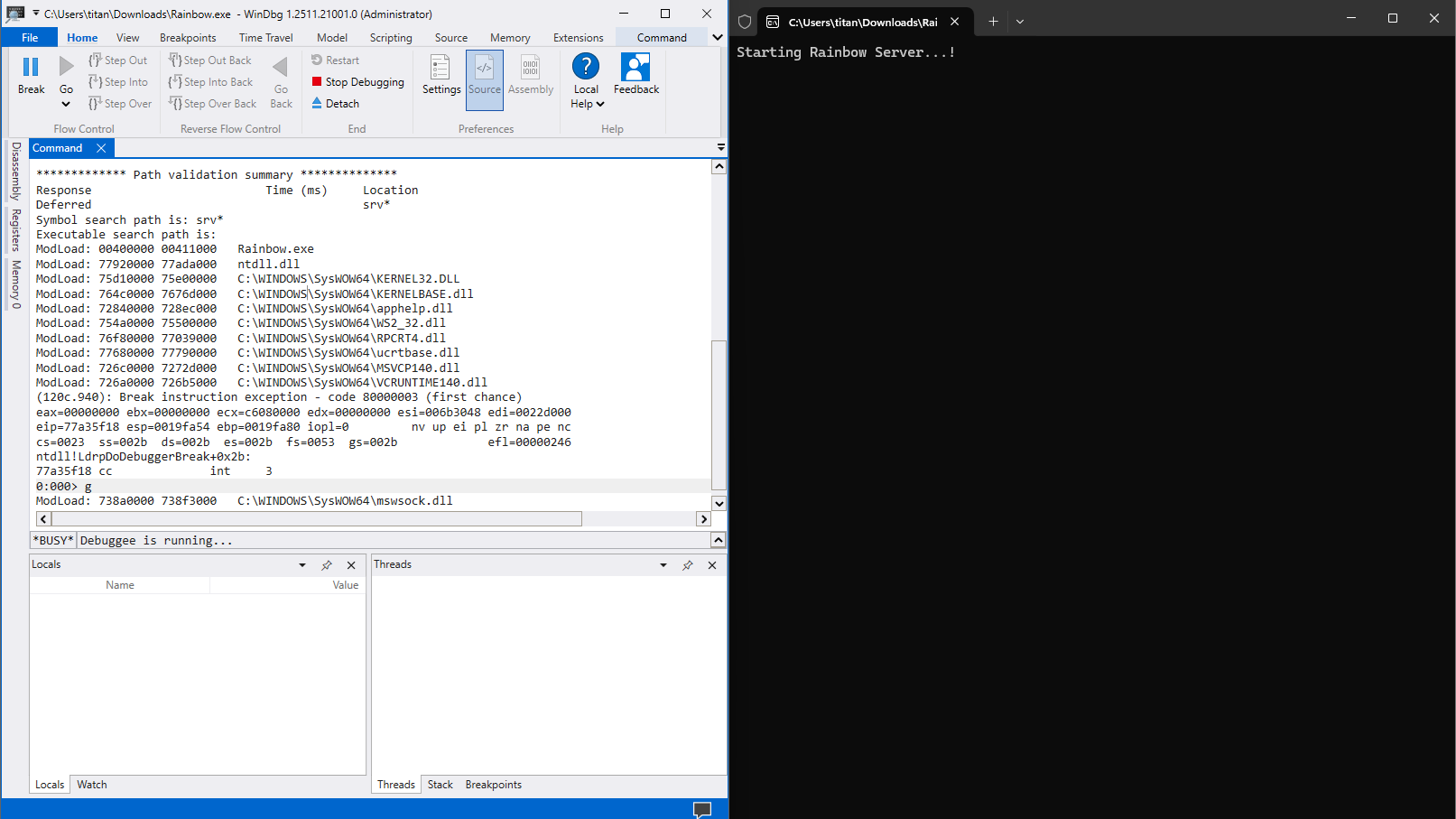 The Rainbow binary loaded and running under WinDbg
