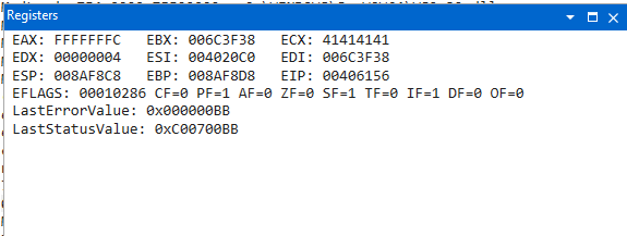 ECX overwritten with 0x41414141 from the payload